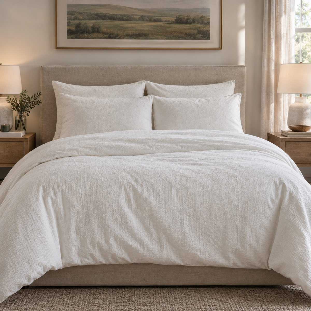 A set of white classic shams sit neatly on a made bed feature the white Baywood Tuvet™