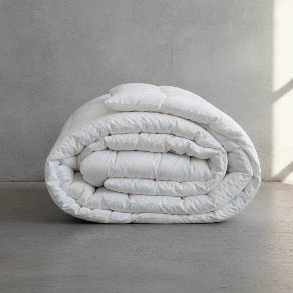 A neatly rolled white quilted comforter or duvet sits on a light gray concrete floor against a matching gray wall, with soft natural light casting a shadow on the right side.