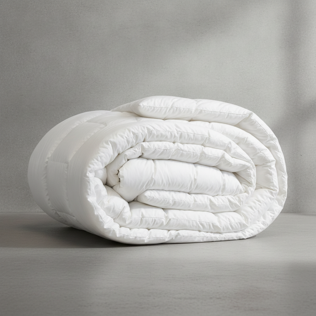 A neatly rolled white quilted comforter or duvet is displayed on a light gray floor against a textured gray wall.