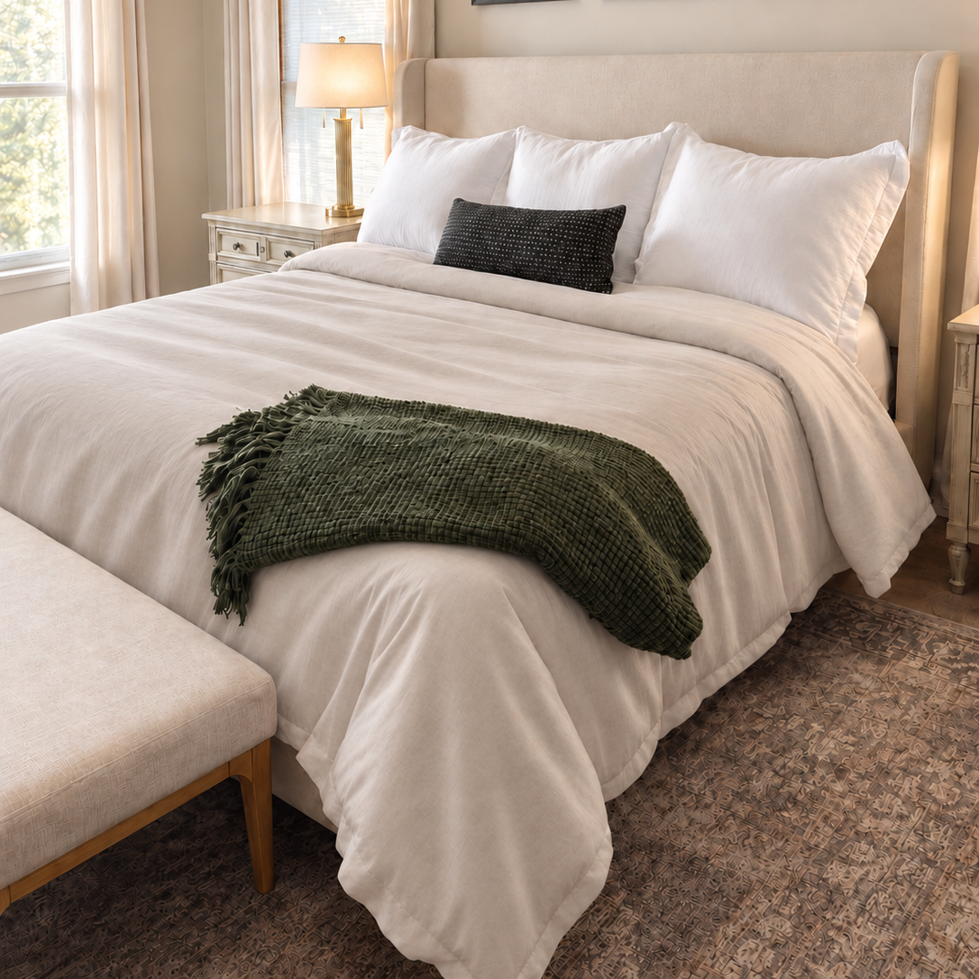A neatly made Heritage Collection Baywood Tuvet™ in a bright bedroom with the oatmeal flanged cover, a dark green knit throw blanket, a beige upholstered headboard and bench, framed botanical prints on the wall, and soft natural light from the windows.