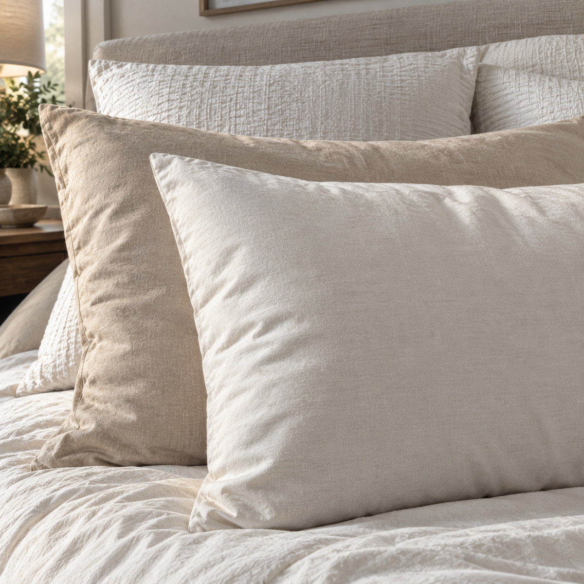 Two Baywood Lane Classic shams, one in traditional white and the other in oatmeal, sitting on a neatly made bed. 
