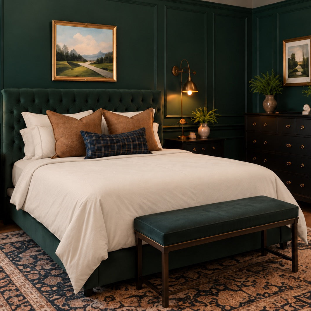 The Classic Collection Baywood Tuvet™ in oatmeal displayed in a beautiful colonial-style bedroom.